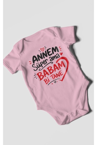 Morivokids Annem Süper Ama Babam Bi Tane Kısa Kollu Bebek Body %100 Pamuk Koyu Pembe
