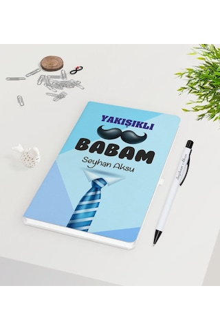 Kişiye Özel Yakışıklı Babam Tasarımlı Beyaz Defter Kalem Seti - M N11.39