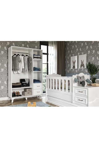 KznHome Kartopu Country Tarzı Bebek Odası Takımı - 3 Parçalı Tamamı MDF Beyaz