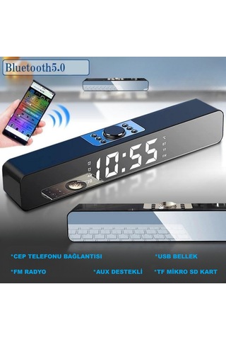 Triline Bluetooth Hoparlör Şarjlı Yatay Ses Sistemi Led Ekran Fm Çalar Saat Sıcaklık Pc Usb Aux Tf Kart