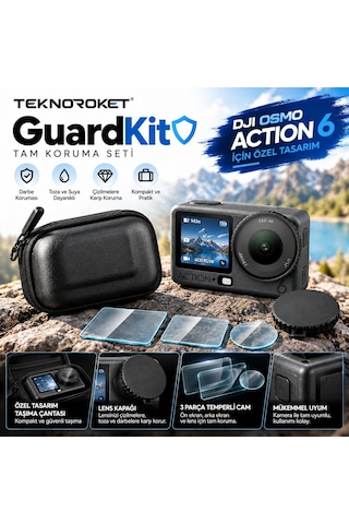 DJI Osmo Action 6 Uyumlu Tam Koruma Seti – Taşıma Çantası, Lens Kapağı ve 3 Parça Temperli Cam | Teknoroket GuardKit
