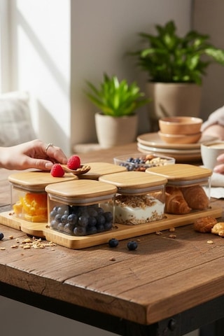 6 Lı Bambu Tepsili Cam Kahvaltı Sunum Seti, Kahvaltılık Sarı 6 Lı Bambu Tepsili Cam Kahvaltı Sunum Seti, Kahvaltılık Sarı
