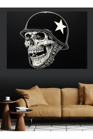 Yıldızlı Kasklı Kurukafa Ve Che Guevara Siyah Beyaz Dekoratif Kanvas - Mdf Ahşap Tablo