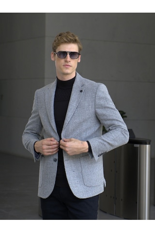 Erkek Yün Ceket Kırçıllı Slim Fit Mono Yaka Torba Cepli Çift Yırtmaçlı Ceket Ncs Jeans 4009-Gri