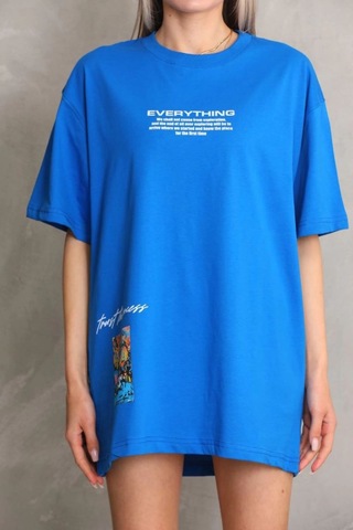 Vinevesta Kadın Bisiklet Yaka Baskılı Oversize T-shirt - Mavi Çok Renkli