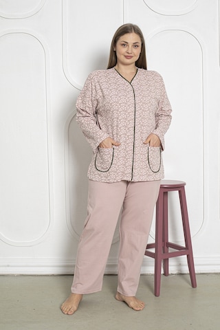%100 Pamuklu Uzun Kollu Boydan Düğmeli Büyük Beden Kadın Pijama Takımı 206 Pudra