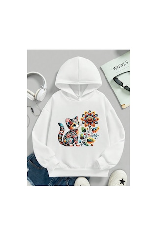 Stil X Sevimli Kediler Baskılı Kapüşonlu Çocuk Sweatshırt Beyaz-1