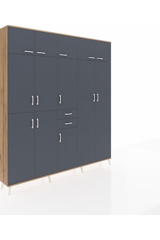 Arges Dolap 10 Raflı 2 Çekmeceli 3 Askılı 220x30x243 Çam-antrasit/antrasit Antrasıt/antrasıt