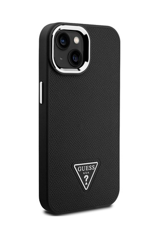 Apple Uyumlu iPhone 14 Kılıf Guess Lisanslı M-safe Şarj Özellikli Grained Triangle Kapak Siyah