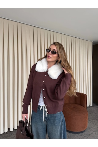 Laluvia Bordo Yakası Kürklü Hırka - 261002 Bordo