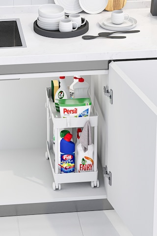 2 Adet Beyaz 2 Katlı Tekerlekli Düzenleyici Mutfak Ve Banyo Rafı
