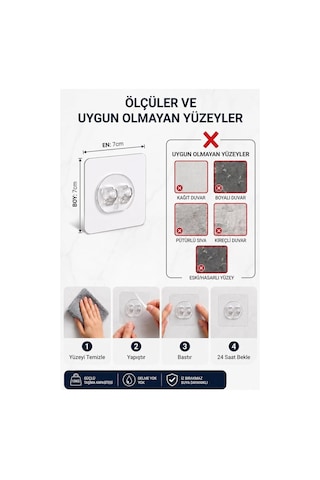 10 Adet 7x7cm Yedek Süper Güçlü Yapışkanlı Askı, 20kg Banyo - Mutfak Raf Tutucu Sticker, Delmesiz Şeffaf