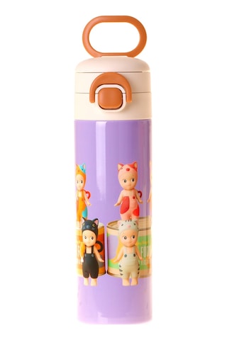 Kaukko Kids 520 Ml Cat Life Baskılı Mor - Krem Kız Çocuk Çelik Termos Matara Çift İçim Kilitli Kapak - L5316