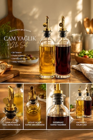 Porsima 3890 Gold Sızdırmaz Kapaklı Cam 2 Li Yağlık Sirkelik Yağdanlık Seti 500+500 Ml Şeffaf-gold