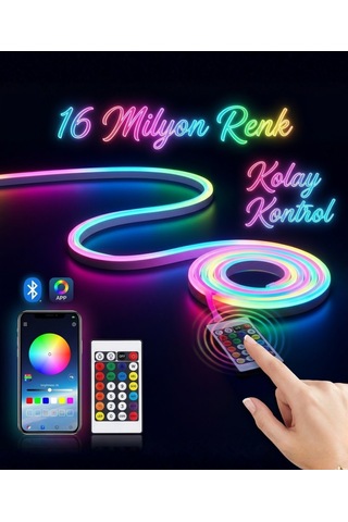 3 Metre Rgb Neon Led Şerit Işık Bluetooth - Kumandalı Ambiyans Işığı- Tv Ledi Çok Renkli