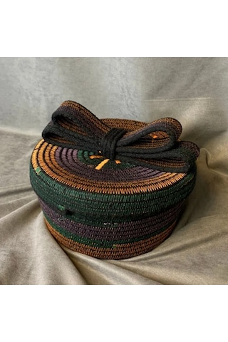 Uretti - Fatma 7987 - El Yapımı Koton İp Fiyonklu Kapaklı Dekoratif / Organizer Sepet Çok Renkli