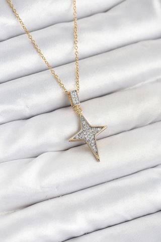 316l Çelik Zincir Gold Renk Kutup Yıldızı Model Zirkon Taşlı Kadın Kolye - Prt3500eb09333-95255 altın