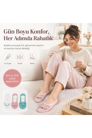 Çorap Giyim Kadın Hayvan Figürlü Görünmez Ekonomik Babet Çorabı 12 Li Paket Kaymaz Topuklu Pamuklu Ekru, Pembe, Nane Yeşili Çok Renkli