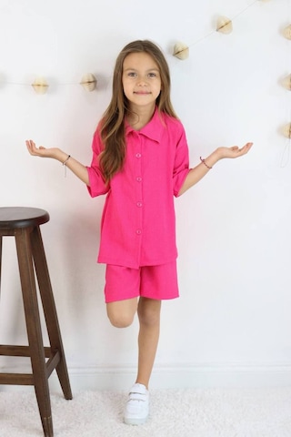 Gömlek Oversize Kız Şort Takım Canlı Fuşya