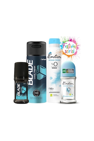 Emotion Ocean Fresh Kadın Sprey Deodorant 150 ML + Roll-On 50 ML + Blade Cool Fresh Erkek Deodorant 150 ML + Roll-On 50 ML