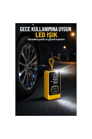 Taşınabilir Hava Pompası Dijital Ekranlı Led Işıklı Type-c Şarjlı Araç Bisiklet Top Lastik Şişirme Kompresörü Sarı
