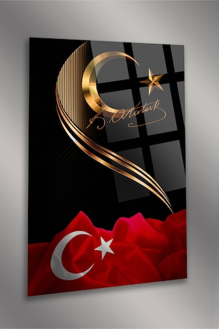Türk Bayrağı Ve Atatürk İmzası Cam Tablo Modern Sanat Tablosu Solmayan Canlı Renkler Salon Ve Oturma Odası Anlamlı Hediye Seçeneği