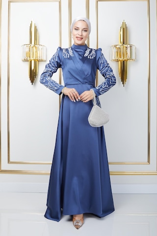 Olcay Önü Ve Kolları Pul Ve Taş Detaylı Saten Abiye Elbise K. İndigo 1660