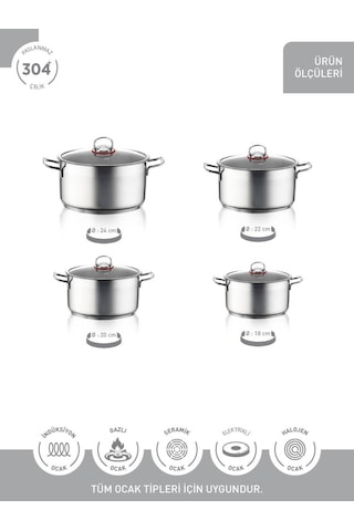 Hascevher Enzo 8 Pcs Tencere Seti 18202224 Metalik