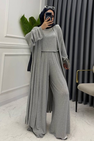 Balenbi Kadın Penye Uzun Hırka Bluz Geniş Paça Pantolon Abaya Takım 1217 Grimelanj