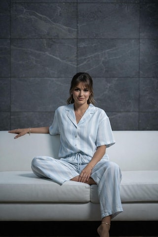Relax Mode Kadın Mavi Çizgili Modal Pantolon Takımı - 26002r