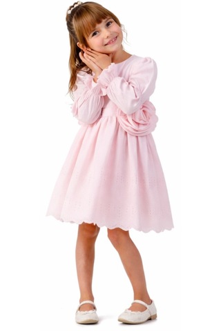 Kız Çocuk Çiçek Detaylı Balon Kol Model Etek Uçları Güpür Detaylı Astarlı Pembe Renk Midi Boy Elbise Pembe