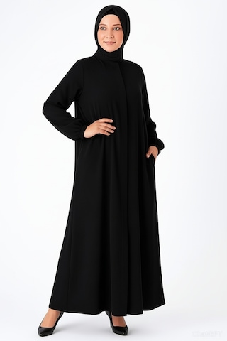 Medine İpeği Mevlana Kesim Cepli Kuşaklı Bol Ferace 4000-siyah Siyah