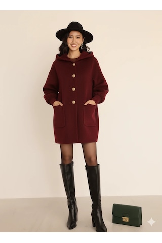 Kadın Oversize Bol Kesim Diz Üstü Siyah Kaban Büyük Cepli Yünlü Kumaş Kapüşon Detaylı Bordo