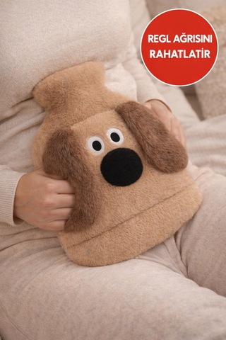 Kahverengi Gromit Figürlü Eldivenli Sıcak Su Torbası Peluş Kılıflı, Karın El Isıtıcı Renkli