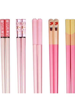 Ximistore9 5 Çift Pembe Cam Fiber Çubuk, Japon-kore Stili, Yeniden Kullanılabilir, Kaymaz, Bulaşık Makinesine Uygun, 9.6 İnç, 5 Farklı Desen Pembe