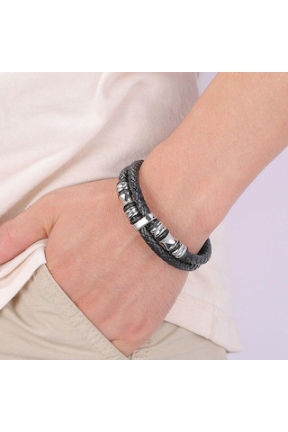Punk Paslanmaz Çelik Metal Tokalı Erkek Takı İki Katmanlı Gerçek Deri Bileklik Siyah Charm'lı Hiphop Bileklik Siyah