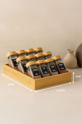 13 Parça Bambu Standlı Cam Baharatlık Seti 120 Ml - 12'li + 1 Standlı Baharatlık Takımı Şeffaf