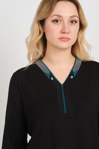 Detay Triko Kadın V Yaka Ve Yakası Taş Detaylı Uzun Kollu Anne Bluz 5711 Siyah Siyah