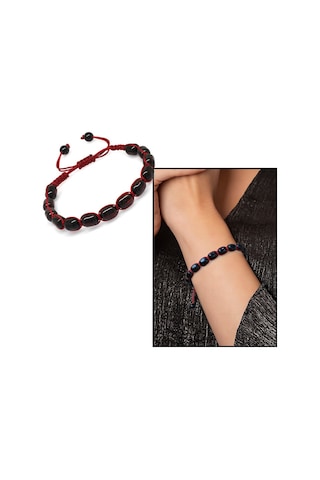 Makrome Örgülü Kapsül Kesim Koyu Kırmızı Renk Damla Kehribar Kadı Siyah