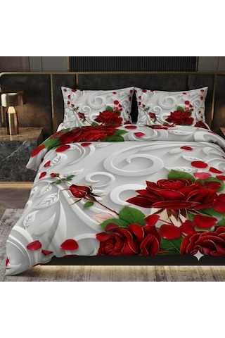 Özel Tasarım Marka Çift Kişilik Nevresim Takımı Organik Saten & Pamuk Luxury Premium Kumaş Gül Çeyiz Kırmızı Pembe Beyaz Ranforce Solmaz Beyaz - Gri - Kırmızı