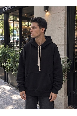 Stormwear Unisex Oversize Polar Sweatshirt Halat Kordonlu Kapüşonlu Cepli Sweat Siyah