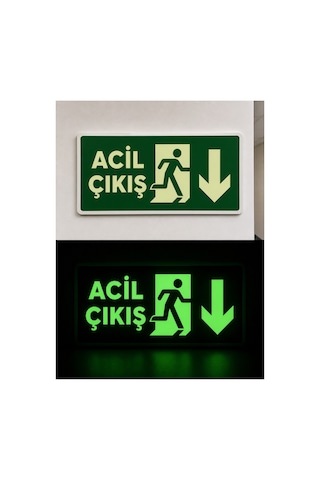 Acil Çıkış-acil Çıkış Aşağı Yön Tabelası 12x25 Cm Fotolümenli - Karanlıkta Parlayan Pvc