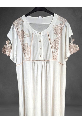 Kısa Kol Dantel Detaylı Kadın Gecelik Ekru