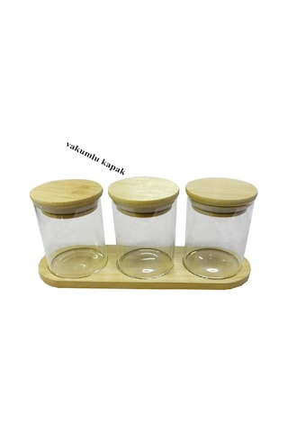 Bambu Standlı 3 Lü Mini Baharatlık Seti Vakum Kapaklı Kavanoz 7x6 Cm Stand 22x7 Cm Şeffaf