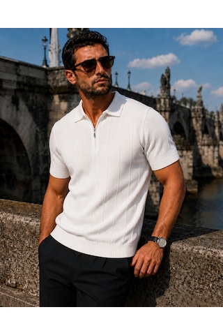 İxir Yarım Fermuarlı Regular Kalıp Polo Yaka Triko T-shirt Beyaz - Beyaz