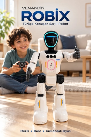 Venandin Robix Türkçe Konuşan Uzaktan Kumandalı Akıllı Robot Adam - Şarjlı, Led Işıklı, Dans Eden Eğitici Oyuncak Robot 31 Cm