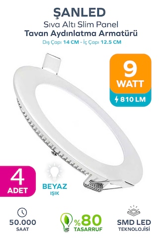9w Tasarruflu Led Yuvarlak Beyaz Işık Sıva Altı Slim Panel 4 Adettir