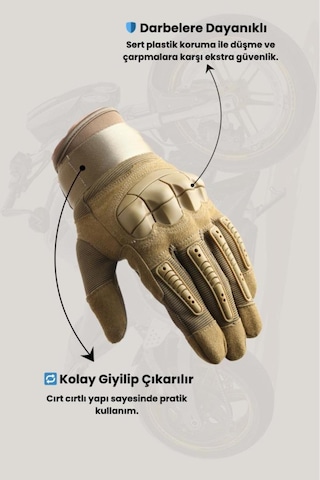 Tam Parmak Dokunmatik Özellikli Destekli Taktik Ve Motosiklet, Bisiklet Eldiveni Bej - 605756718 Hava