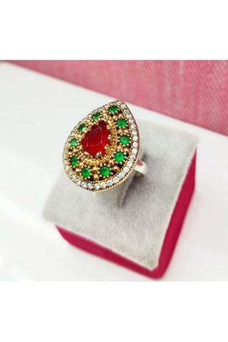 Oriental Kuyumculuk Jewellery Zümrüt Ve Yakut Taşlı Otantik Damla Modeli Gümüş Yüzük Kırmızı