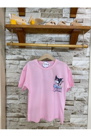 Aysbebe Kuromi Cheeky Baskılı Fırçalı Kumaş Kız Çocuk Tişört Pembe 2110